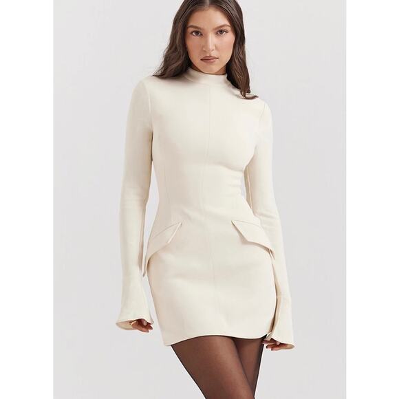 House of CB Dresses & Skirts - HOUSE OF CB Mahalia High Neck Long Sleeve Minidress Cream Size Medium Tall